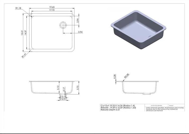 Reference laboratory sink cut-out and bowl dimensions for sink base cabinet coordination