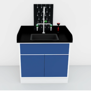 Laboratory sink base cabinet with black worktop, sink bowl and laboratory faucet