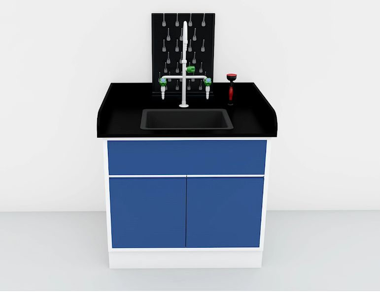 Laboratory sink base cabinet with black worktop, sink bowl and laboratory faucet