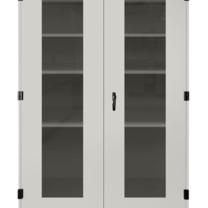 Full-height laboratory tall cabinet with framed glass doors and visible shelf storage