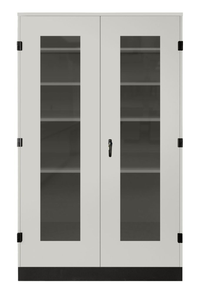 Full-height laboratory tall cabinet with framed glass doors and visible shelf storage