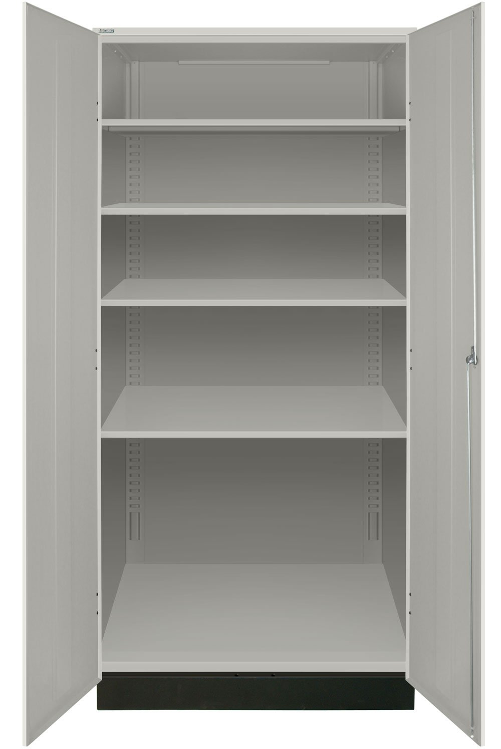Open laboratory tall cabinet showing adjustable-shelf interior storage