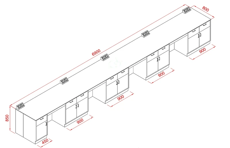 Illustrated 6900 by 800 by 850 millimeter multi-module laboratory wall bench layout
