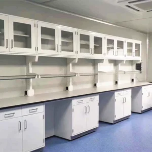 Laboratory wall bench with steel cabinets, overhead storage and service shelves