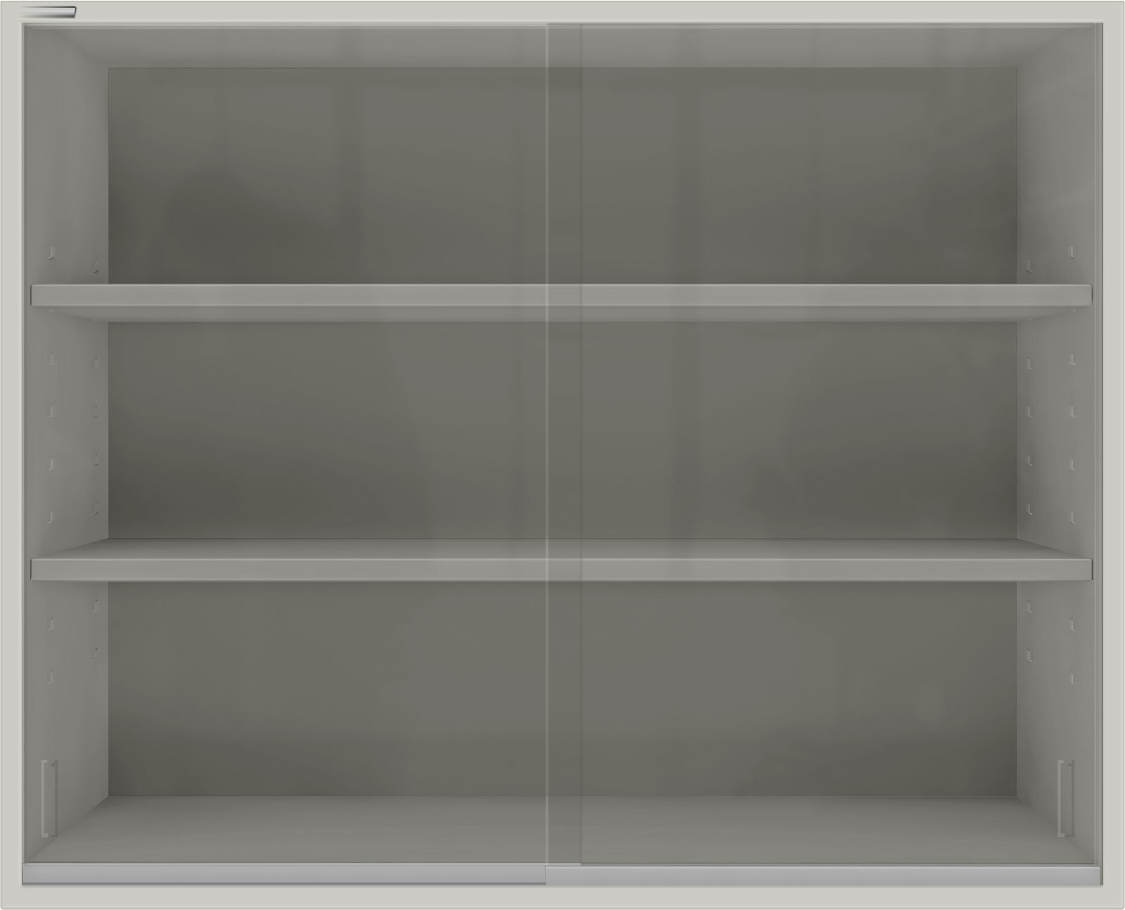 Sliding glass door laboratory wall cabinet with visible adjustable shelf storage
