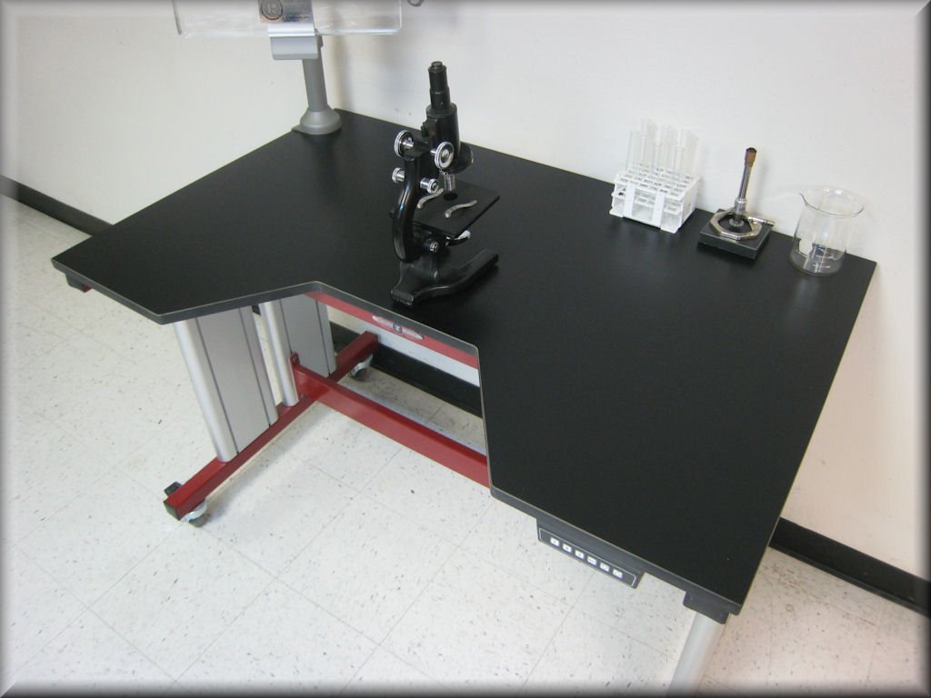 Microscope table side view showing frame and working-height arrangement