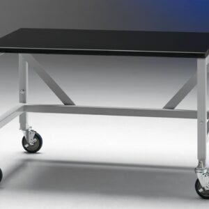 Mobile laboratory bench with black worktop, steel frame, locking casters and leveling supports