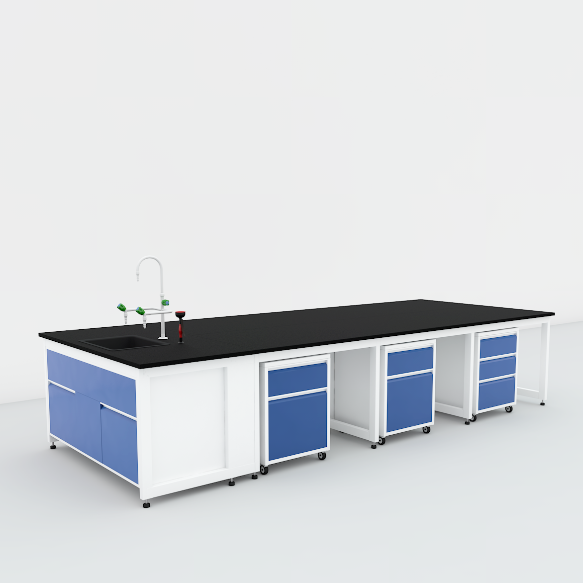 Modular laboratory workstation frame with suspended and mobile storage layout