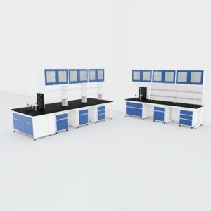 H-frame modular laboratory workstation with worktop, frame modules and integrated storage