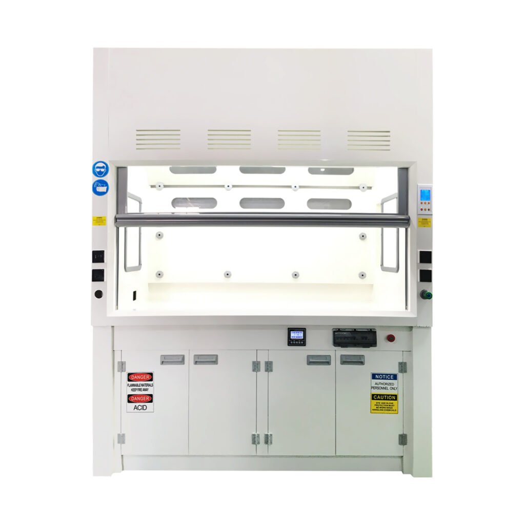 Perchloric acid fume hood with internal wash-down spray nozzles and integrated base