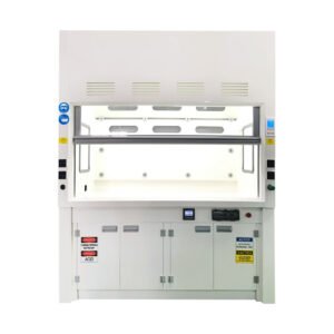Perchloric acid fume hood with internal wash-down spray nozzles and integrated base