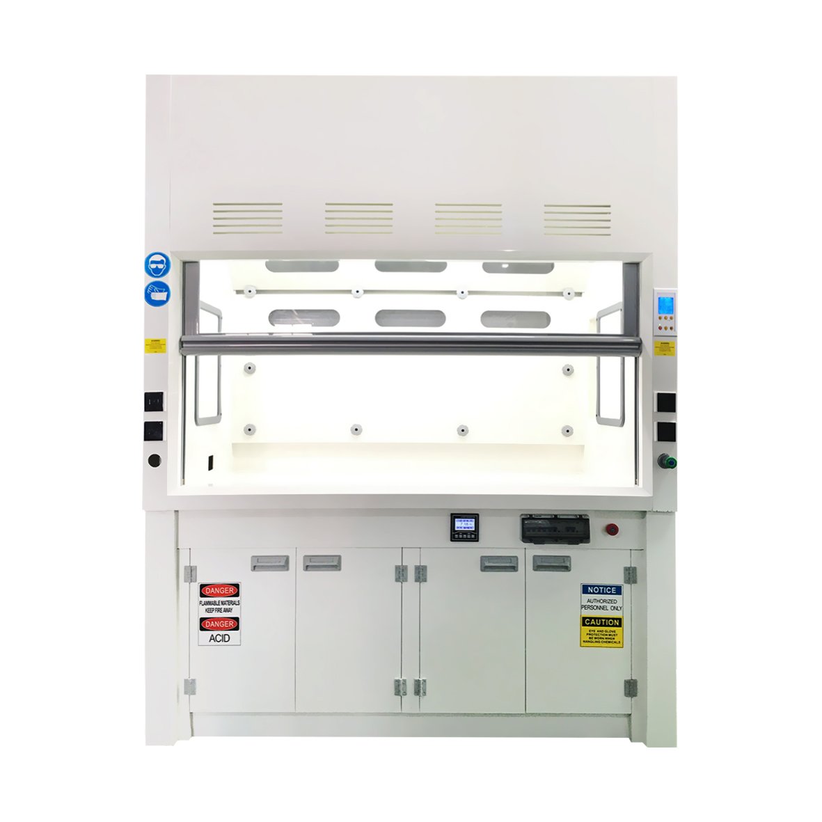 Perchloric acid fume hood with internal wash-down spray nozzles and integrated base