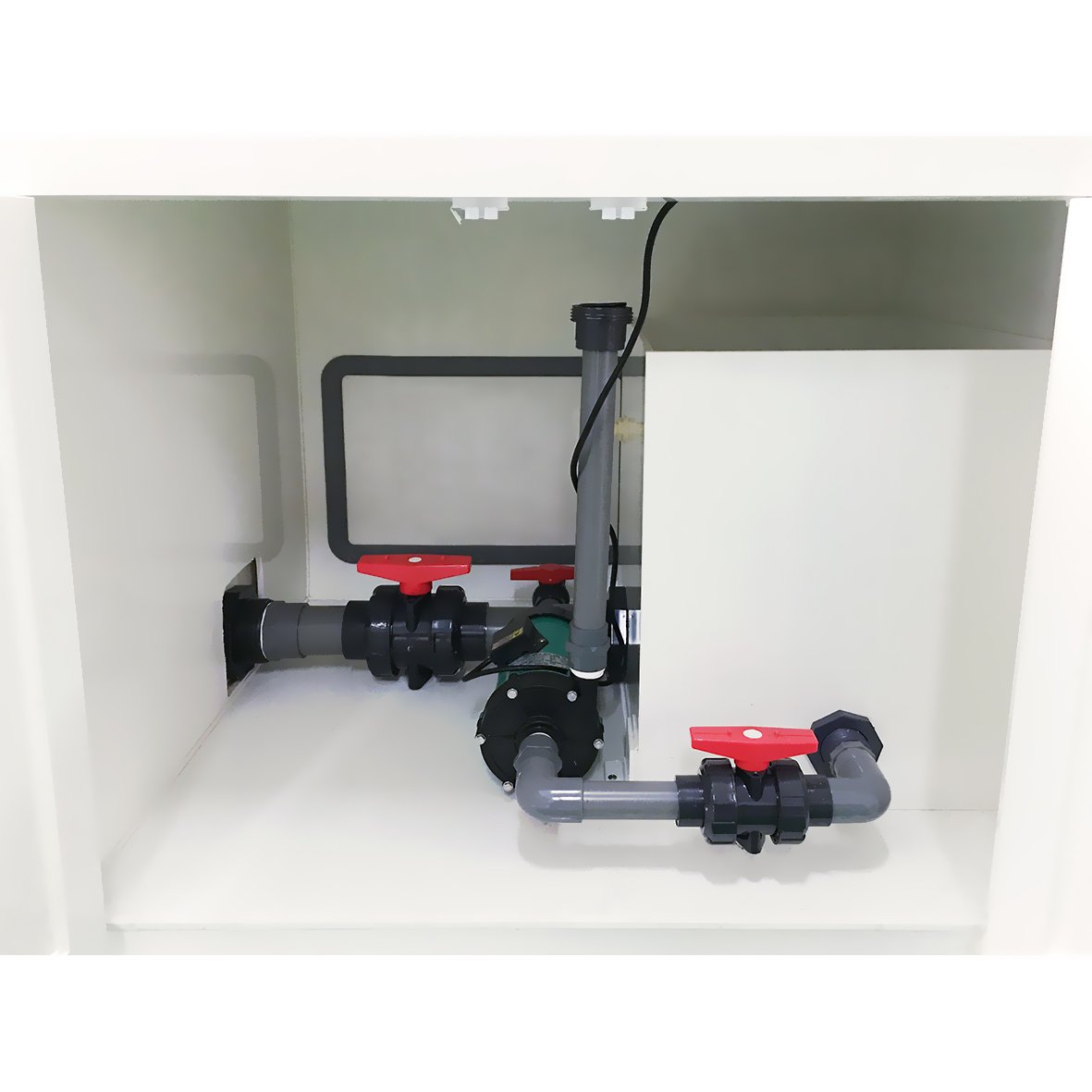 Perchloric acid fume hood wash-water piping valves pump and reservoir arrangement