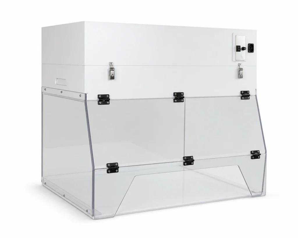 Portable ductless fume hood with transparent benchtop enclosure and top filter module