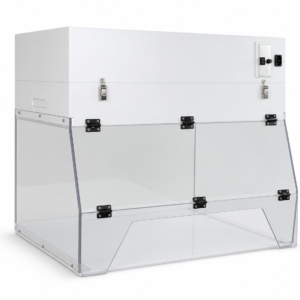 Portable ductless fume hood with transparent benchtop enclosure and top filter module