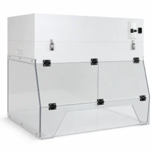 Portable ductless fume hood with transparent benchtop enclosure and top filter module