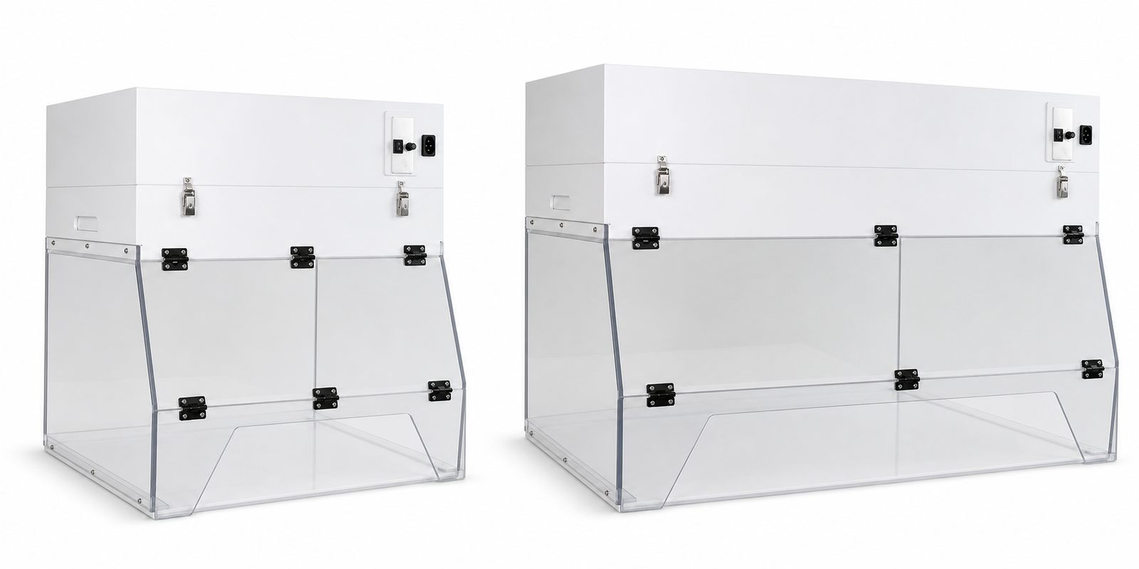 Two width configurations of a portable benchtop ductless fume hood