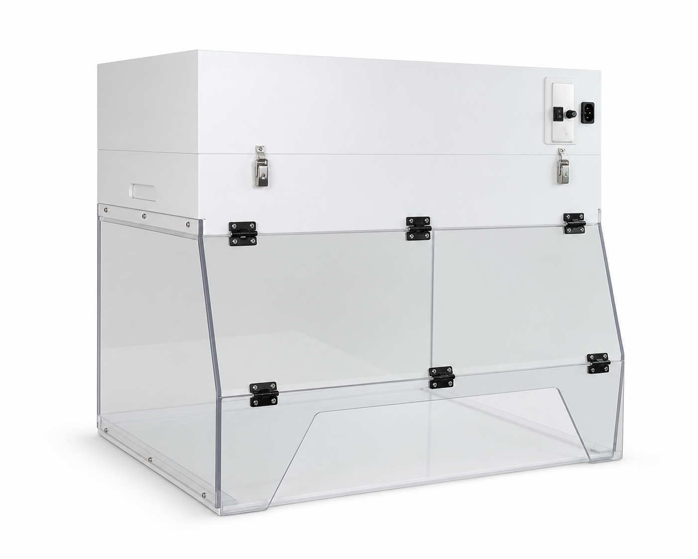 Portable ductless fume hood with transparent benchtop enclosure and top filter module