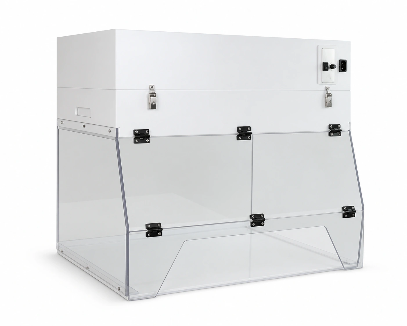 Portable ductless fume hood with transparent benchtop enclosure and top filter module