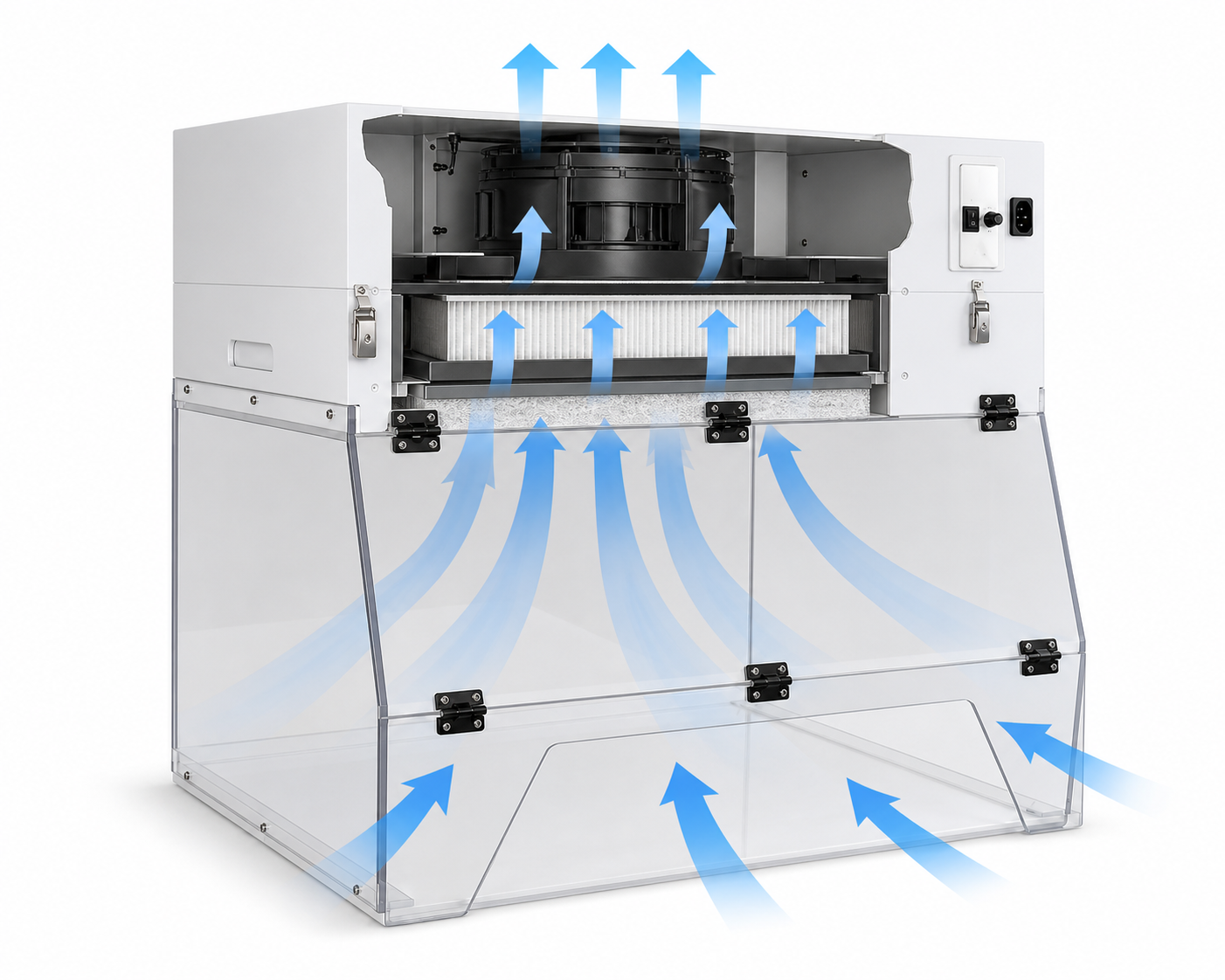 Portable ductless fume hood recirculating airflow path through the work chamber and filters