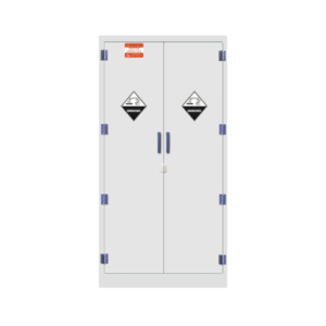 Tall PP acid storage cabinet with double doors, lock provision and corrosive chemical warning symbols