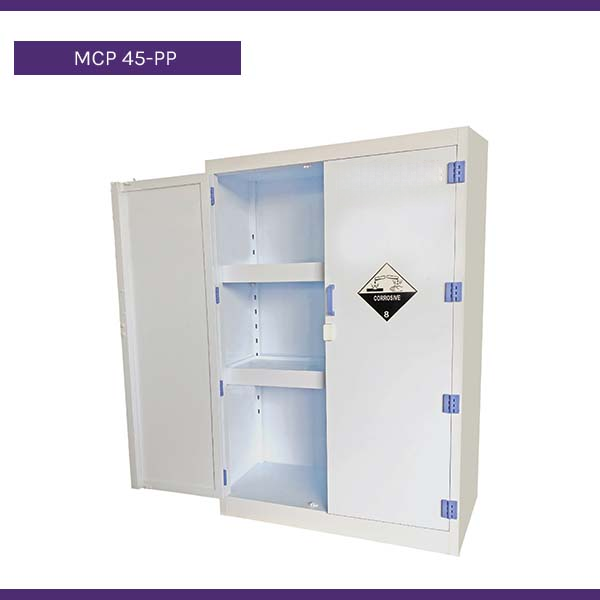PP corrosive chemical cabinet with adjustable shelves and lower spill sump