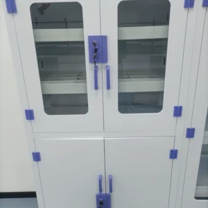 PP laboratory glassware cabinet with four doors, viewing panels and enclosed shelf storage