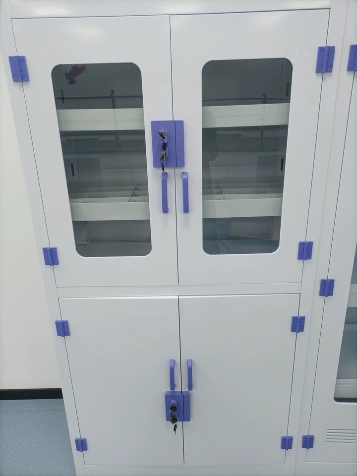 PP laboratory glassware cabinet with four doors, viewing panels and enclosed shelf storage