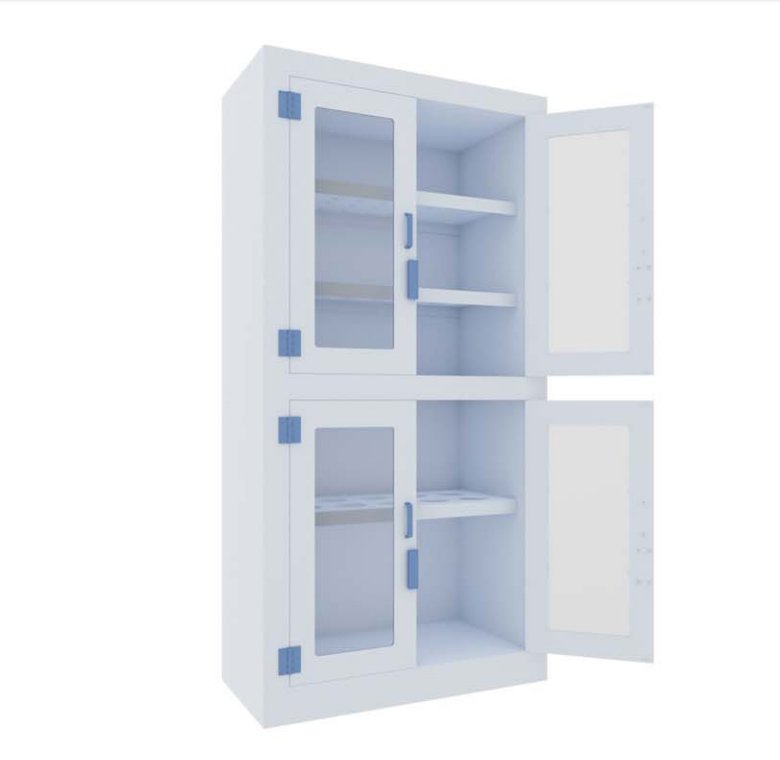 Open PP glassware storage cabinet showing split door access and internal shelf layout