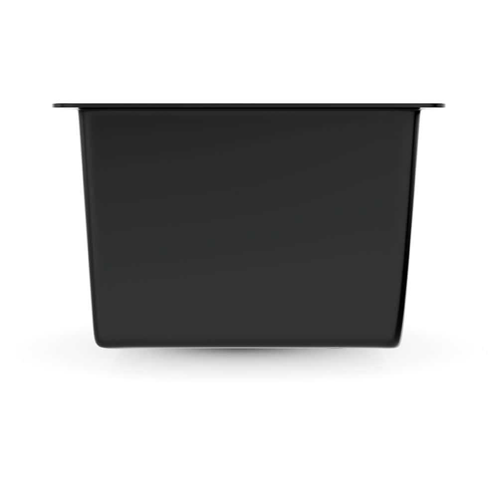 Short-side view of a polypropylene laboratory sink showing bowl depth and underside clearance