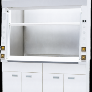 Radioisotope fume hood with stainless steel work zone and vertical sash