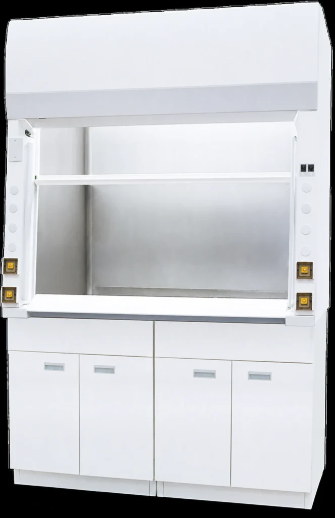 Radioisotope fume hood with stainless steel work zone and vertical sash