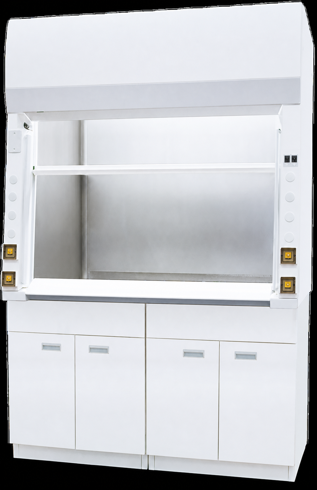 Radioisotope fume hood with stainless steel work zone and vertical sash