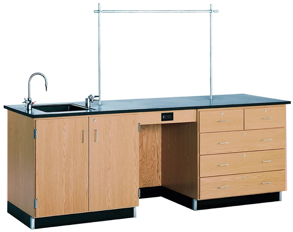 Teacher science demonstration table with worktop, sink, storage and service positions