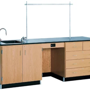 Teacher science demonstration table with worktop, sink, storage and service positions