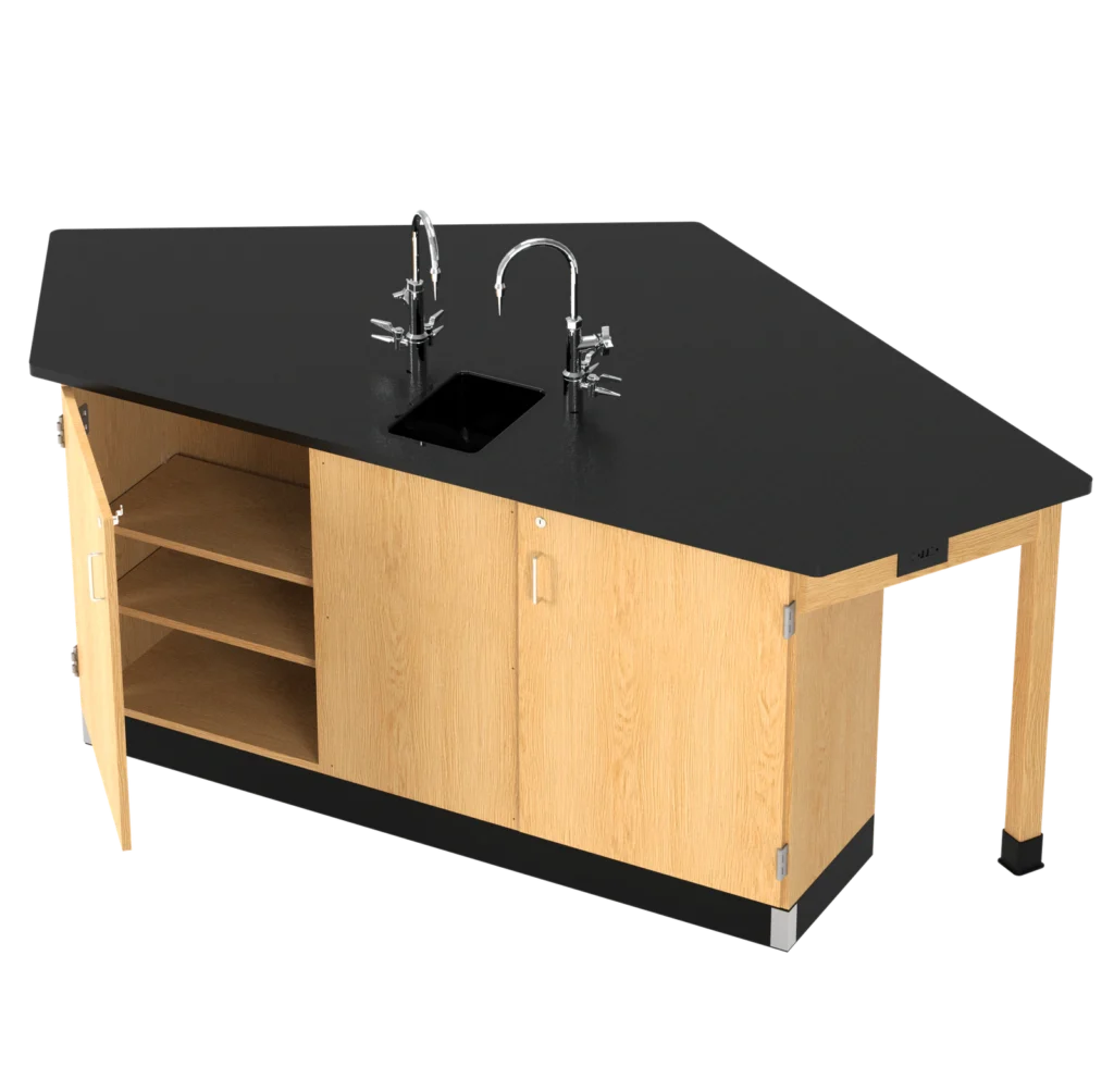 Four-student science lab workstation with shared sink, storage and service positions