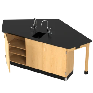 Four-student science lab workstation with shared sink, storage and service positions