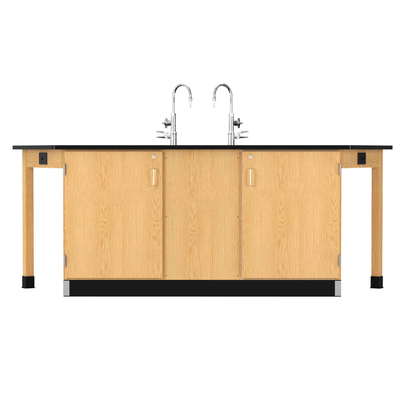 Science laboratory student workstation with service connections and under-bench storage arrangement