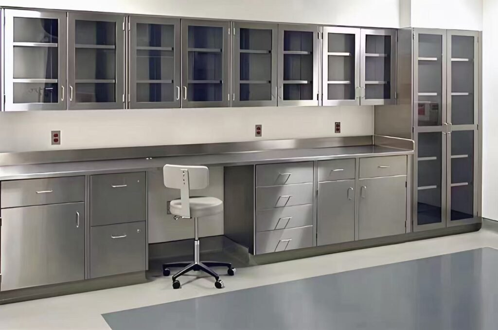 Stainless steel lab bench with cabinets drawers and wall storage