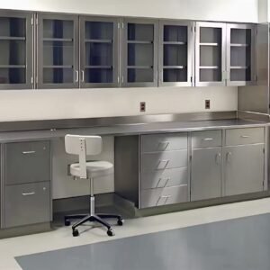 Stainless steel lab bench with cabinets drawers and wall storage