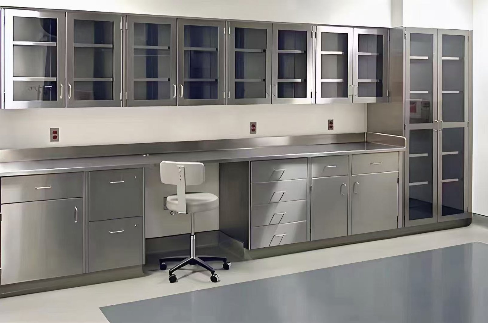 Stainless steel lab bench with cabinets drawers and wall storage