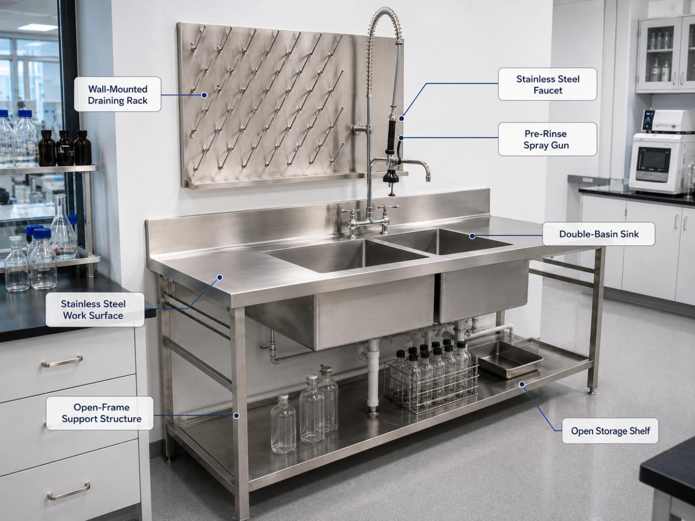 Double bowl stainless steel laboratory sink workstation with work surface and open-frame support