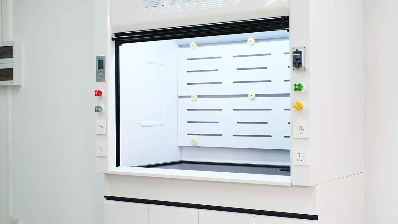 Steel fume hood cabinet assembly with work chamber and service fixtures