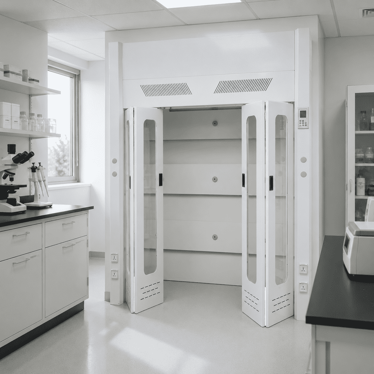 Floor-mounted walk-in fume hood with clear loading access