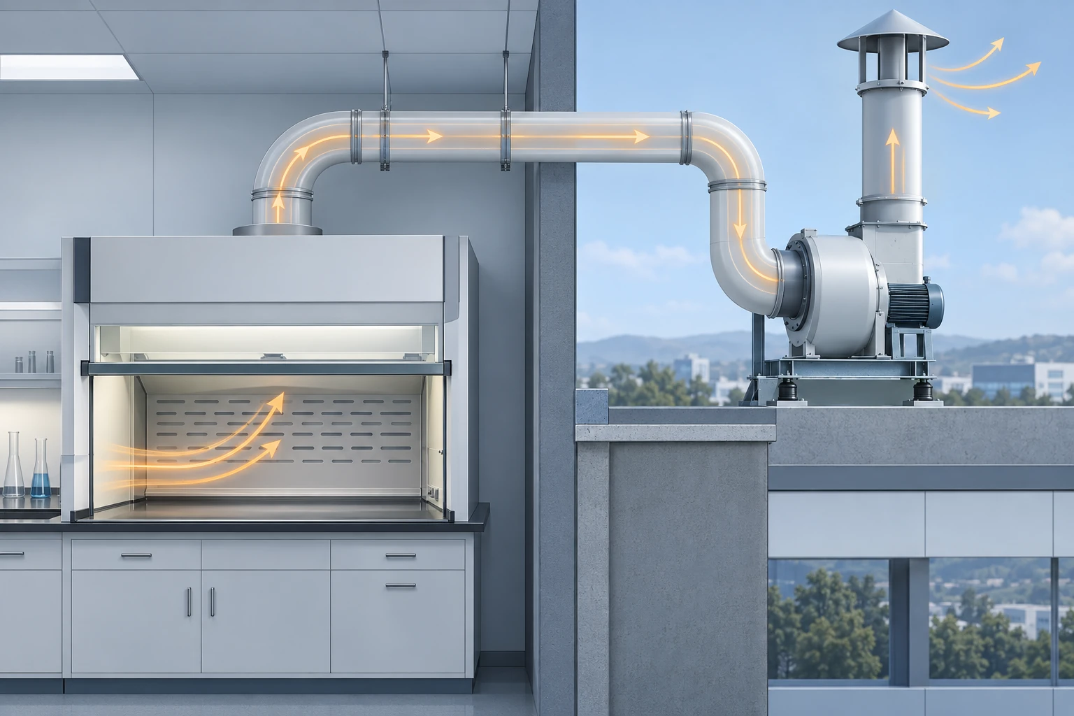 System-chain cutaway of a laboratory exhaust line: fume hood with sash and baffles, duct run with bends through the wall, centrifugal exhaust fan, and vertical discharge stack above the roof - airflow arrows follow hood to duct to fan to stack.
