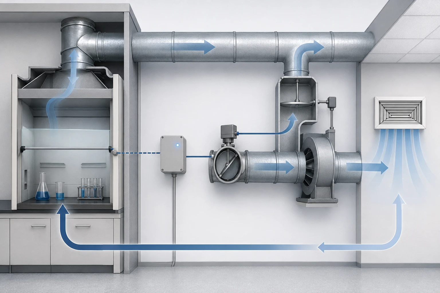VAV system chain: sash signal to controller, exhaust valve, fan coordination and makeup air
