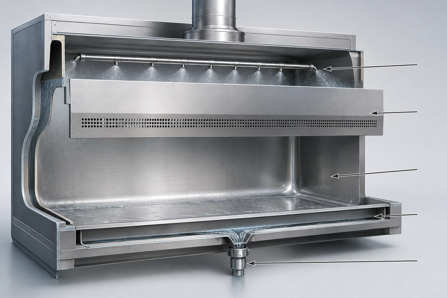 Cutaway of a perchloric-acid fume hood wash-down system: spray bar behind the upper baffle with corner coverage, coved liner, full-width collection trough, drain connection and exhaust collar