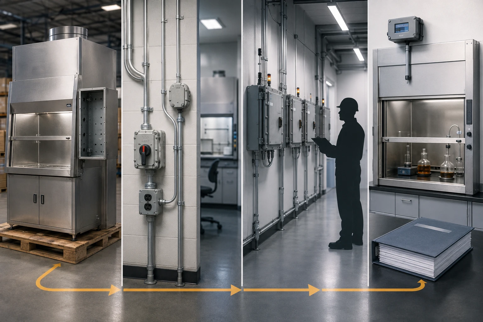 Four panels showing the responsibility layers behind an explosion-proof fume hood: factory cabinet, field electrician wiring, room classification assessment, compliance documentation