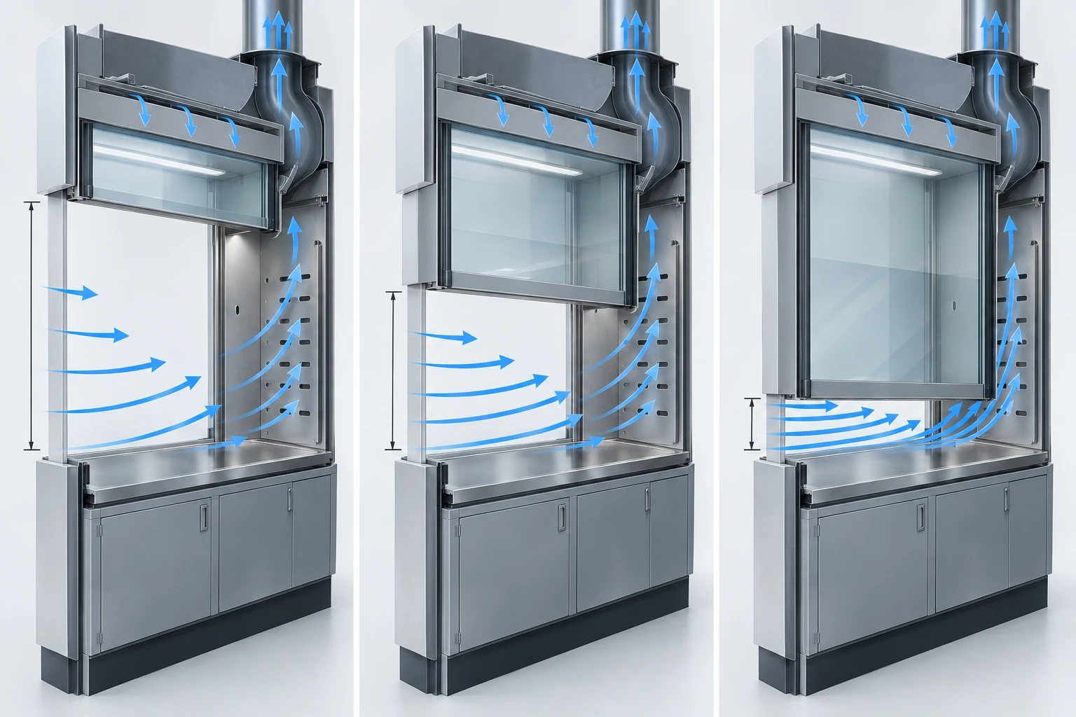 Three side-by-side views of the same fume hood with the sash high, at a mid working opening, and nearly closed, showing inward airflow lengthening as the open face area shrinks at a fixed exhaust volume.