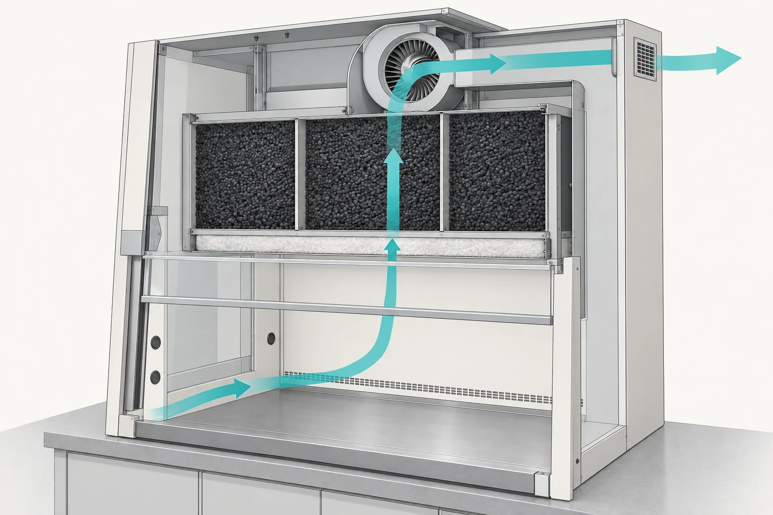 Cutaway of a ductless fume hood showing room air drawn through the work zone, a thin pre-filter, a deep granular adsorbent bed and an integral fan before returning to the room.